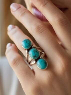Vintage Native American Benson Boyd Sterling Silver Triple Turquoise Ring Sz 8